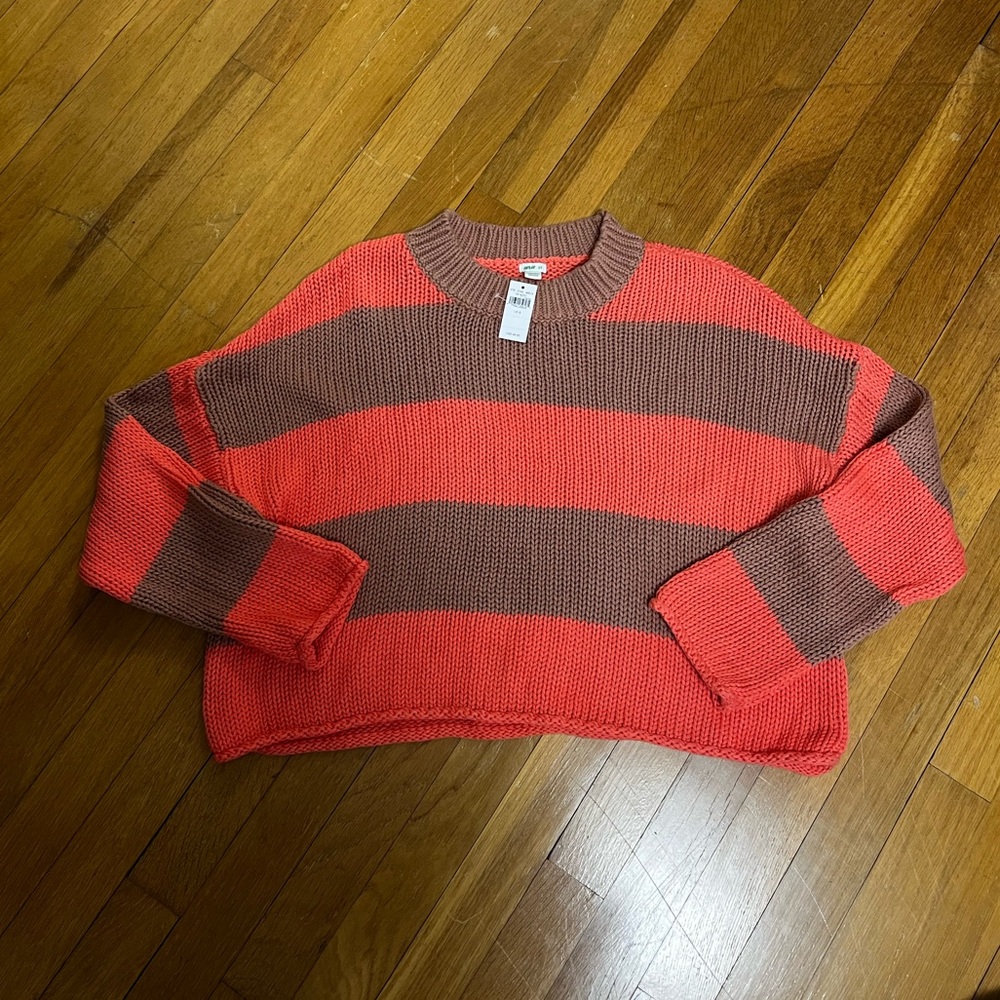 aerie coral pink and tan striped knit cropped sweater